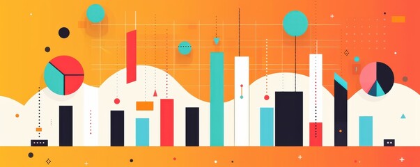 Sticker - Abstract vector illustration of a colorful cityscape with geometric shapes and vibrant colors on a gradient background.