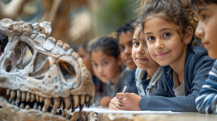 Group of children learning and observing a dinosaur skeleton in a museum, capturing an educational and fun experience.