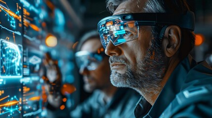 Poster - Futuristic scene of professionals in virtual reality goggles analyzing data on augmented reality screens in a high-tech environment.