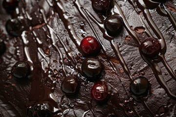 Poster - Closeup of glossy dark chocolate syrup drizzled over ripe cherries on a textured background