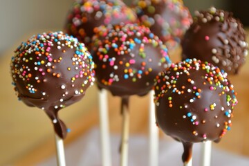 Canvas Print - Tasty chocolate cake pops decorated with rainbow sprinkles on sticks, perfect for celebratory events