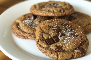 Wall Mural - Freshly baked chocolate chip cookies with sea salt on a white plate