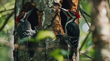 Two Pileated Woodpeckers in a Tree.