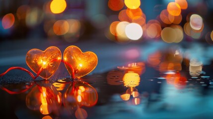 Two glowing heart-shaped lights on a wet street, reflecting in the water with a colorful bokeh background.