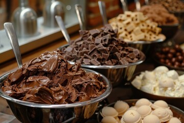 Poster - Luxurious display of creamy chocolate gelato with a variety of toppings and indulgent chunks, perfect for any dessert lover