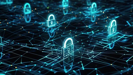 Poster - Abstract futuristic technology background. Network of interconnected glowing padlocks in the style of a security concept. Cyber protection in network system. Symbolizing big data security system tech