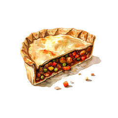 Watercolor illustration of stew pot pie on white background