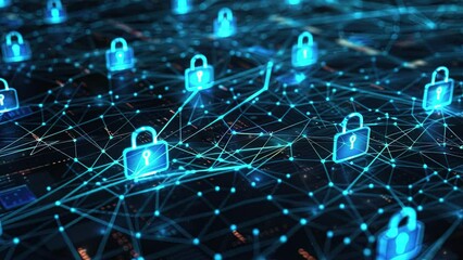 Poster - Abstract futuristic technology background. Network of interconnected glowing padlocks in the style of a security concept. Cyber protection in network system. Symbolizing big data security system tech