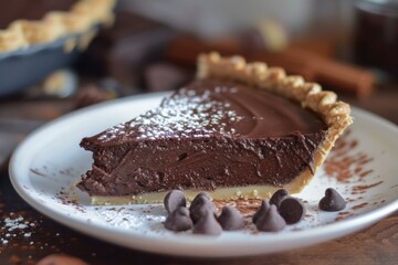 Poster - Closeup shot of a scrumptious chocolate tart slice dusted with powdered sugar