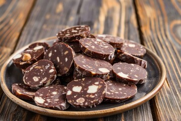 Poster - Ceramic plate with chocolate salami, a dessert with nuts, on a dark wood background