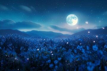sky at night with fantasy moonlight. background light on moon with beautiful meadow garden