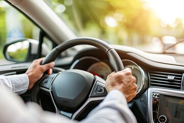 Wall Mural - Close up of male hands on steering wheel of a car driving on the road