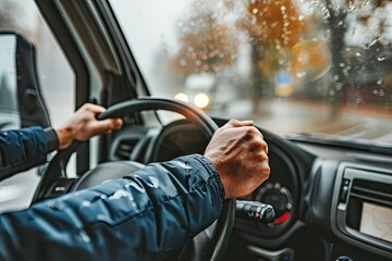 Wall Mural - Close up of male hands on steering wheel of a car driving on the road