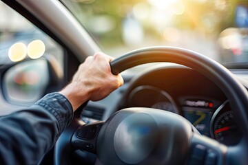 Close up of male hands on steering wheel of a car driving on the road