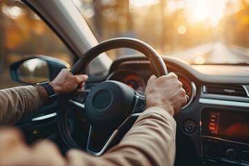 Wall Mural - Close up of male hands on steering wheel of a car driving on the road