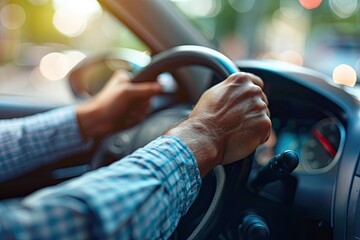 Close up of male hands on steering wheel of a car driving on the road