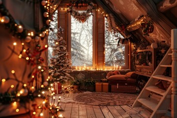 Sticker - Warm festive room with christmas tree, ornaments, and lights, snow view outside the window