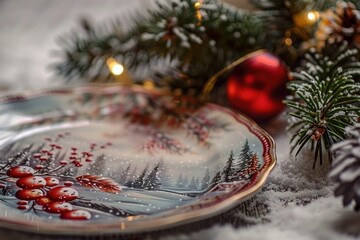 Wall Mural - Closeup of a decorative plate with a winter scene, surrounded by christmas greenery and lights