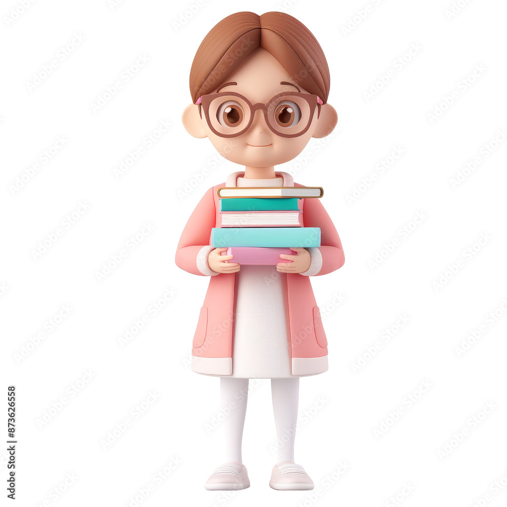 3D cartoon girl librarian with glasses holding books dressed in pink ...