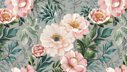 a floral pattern with pink flowers and green leaves