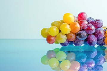 Concept of food biotechnology, A bunch of rainbow grapes placed on a blue glass table, white background,Generative AI