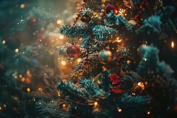 Poster - Magical scene of a decorated christmas tree with sparkling lights and snow