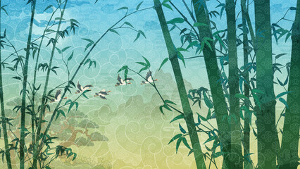 Wall Mural - Bamboo oriental painting illustration A modern bamboo landscape painting with mountains and clouds 동양화 사군자 대나무 일러스트 산수화 산과 구름이 있는 대나무 한국화