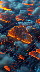Poster - A cloud technology with isometric icons on circuit board. Abstract futuristic digital network connection. Network connection for internet of things or data center design. Circuit board pattern.