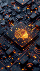 Poster - brain futuristic technology background. 3d rendering of a glowing digital brain on a circuit board w