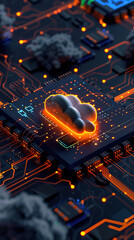 Poster - A cloud technology with isometric icons on circuit board. Abstract futuristic digital network connection. Network connection for internet of things or data center design. Circuit board pattern.