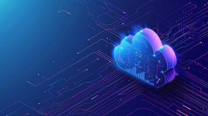 Poster - A cloud technology with isometric icons concept. Abstract futuristic digital network connection. Network connection for internet of things or data center design. Circuit board pattern. Copy space area