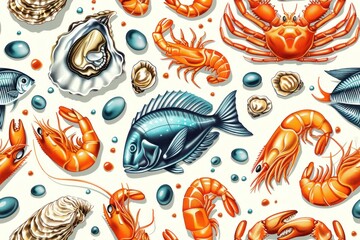 Wall Mural - An illustration of different seafood items including fish, shrimp, crabs, and oysters in a seamless pattern. The 2D cartoon style adds a playful and colorful touch to each item, with bright and