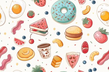 Wall Mural - An illustration of assorted breakfast items including pancakes, eggs, bacon, and cereal in a seamless pattern. The 2D cartoon style uses cheerful colors and simple shapes to create a fun and inviting