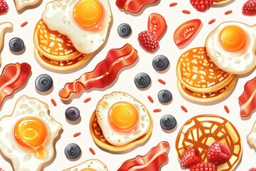 Wall Mural - An illustration of assorted breakfast items including pancakes, eggs, bacon, and cereal in a seamless pattern. The 2D cartoon style uses cheerful colors and simple shapes to create a fun and inviting