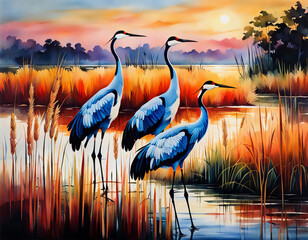 Wall Mural - An illustration of cranes in the water at sunset. 