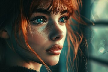 Canvas Print - Closeup of a redhead woman with captivating green eyes and freckles, evoking deep emotion