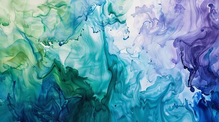 Wall Mural - The watercolor paints danced across the canvas, blending and swirling into vibrant hues of blue, green, and purple.