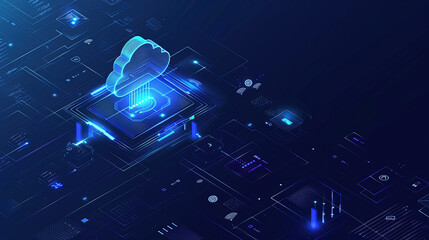 Poster - A cloud technology with isometric icons concept. Abstract futuristic digital network connection. Network connection for internet of things or data center design. Circuit board pattern. Copy space area