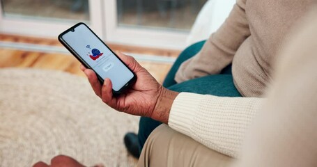 Poster - hands, cellphone and connection fail on couch with internet, glitch and network issue in home. techn