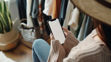 Wall Mural - Woman using smartphone blank screen for shopping online. 