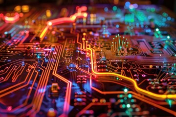 Poster - Closeup of illuminated circuit board with glowing pathways and intricate electronic components
