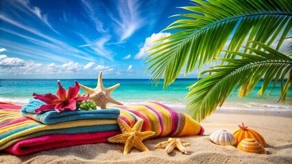 Vibrant tropical beach scene with colorful beach balls, inflatables, and sunglasses scattered on golden sand and turquoise ocean waves.