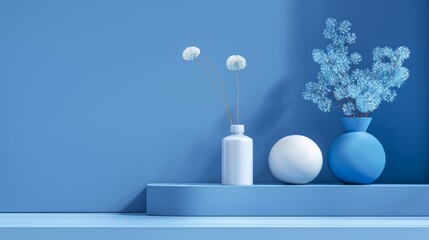 Wall Mural - Minimalistic blue still life with flowers and vases