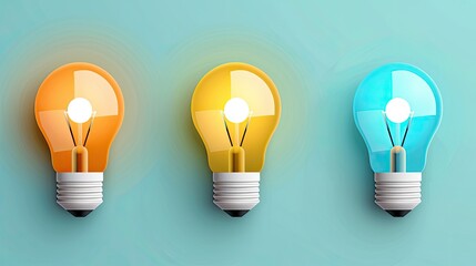 Wall Mural - three light bulbs in different colors, yellow and blue, against a pastel blue background, glowing br
