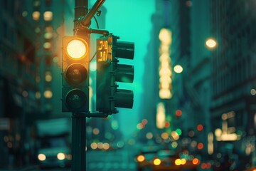 Canvas Print - City traffic light showing a green signal with a countdown timer against a defocused urban backdrop