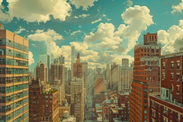 Poster - Warm sunlight bathes the cityscape with skyscrapers against a vibrant sky