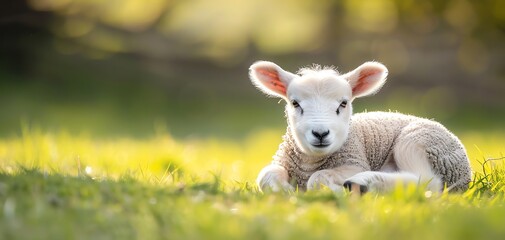 Calming image of a lamb resting in a sunny meadow, Animal, Calm and Pure concept