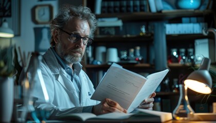 Poster - At night, a scientist in a lab coat analyzes data and conducts research in a dimly lit lab environment AIG58