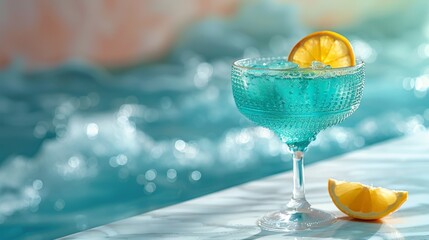 A glass of delicious blue cocktail Blue Lagoon and yellow lemons on the background of the pool. Alcoholic cocktail juicy fruit blue with curacao liqueur, ice cubes and a slice of lemon.