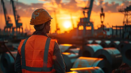 Worker in Orange Safety Vest and Helmet Overseeing Steel Shipyard at Sunset, Cranes Working in the Background with Rolls of Raw Iron Material